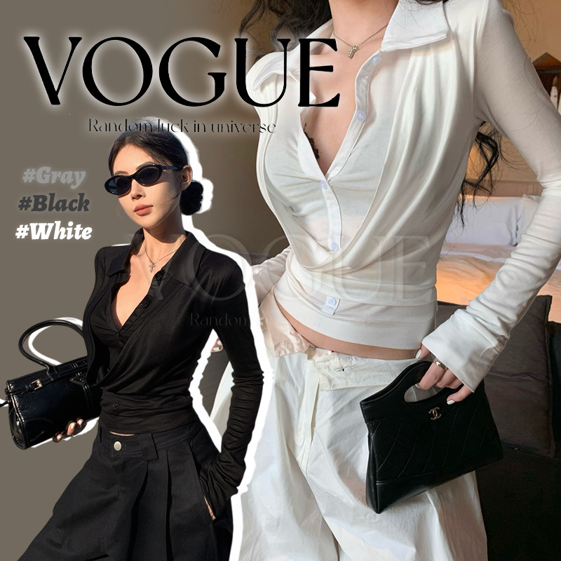 Vogue🌟พร้อมส่ง🌟 เสื้อครอปคอปก แขนยาวสไตล์เกาหลี ดูเป็นทางการไปในตัว (FY5011)