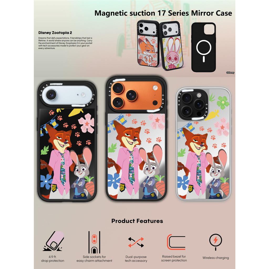 CASECASE X Zootopia 2 Nick และ Judy ตัวอักษร Black & Sliver กระจกแม่เหล็กดูด iPhone สําหรับ iPhone 17 Air 16 15 14 13 12 Pro Max Plus Hard กลับกรณีแกะสลักโลโก้