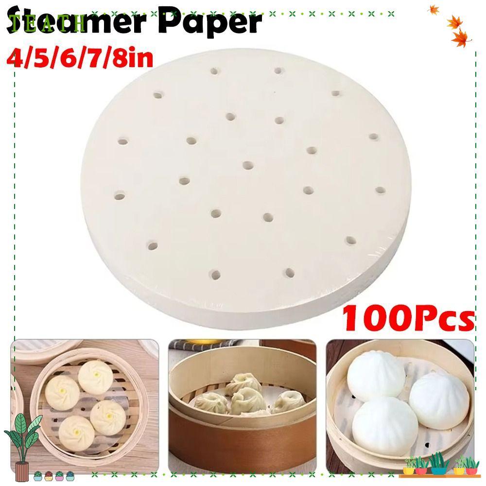 TEATH 100 ชิ้น Steamer กระดาษ, 4/5/6/7/8in ทิ้ง Buns ขนมอบกระดาษไม่ติด, รอบ Buns Pad กระดาษครัวทําอา