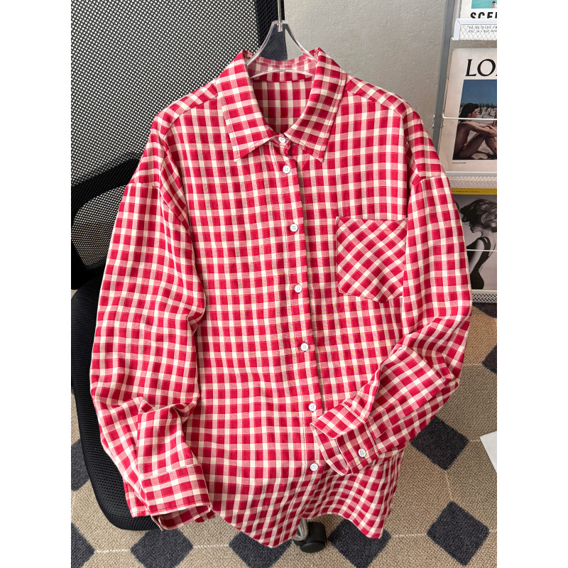 เสื้อแขนยาว gq เสื้อเชิ้ต เสื้อเชิ้ตชายลายสก็อตสีแดงและสีขาวแนววินเทจเสื้อเชิ้ตคอปกลำลองไซส์ใหญ่ทรงห
