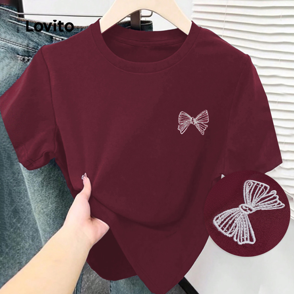 Lovito เสื้อยืดแฟชั่นเย็บปักสำหรับผู้หญิง เสื้อลายคลาสสิกแบบสปริง/ซัมเมอร์ L154ED016