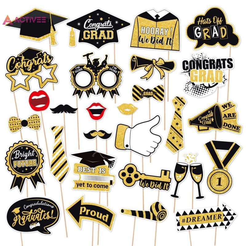 <Activee> 28 ชิ้น Graduation Photo Booth Props ชุด, DIY ตกแต่งการถ่ายภาพสําเร็จการศึกษา Party Pose ป
