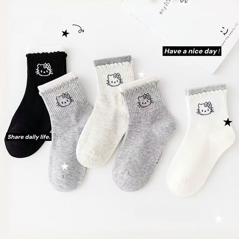 5 คู่สาวถุงเท้าฤดูหนาวเด็กสไตล์เกาหลี อิน การ์ตูน เคที ลูกไม้เจ้าหญิงน่ารักฤดูใบไม้ผลิ มิดครูว์ นักเรียน