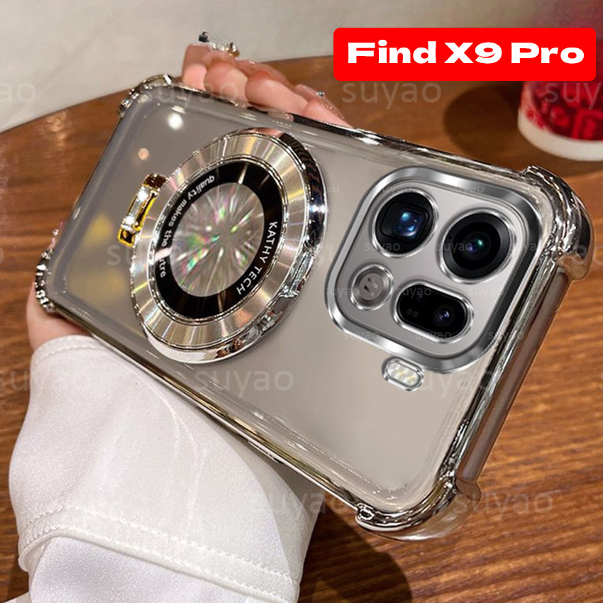 สําหรับOppoค้นหาX9Pro X9 Ultra Pro 2025 Anti Dropผู้ถือแม่เหล็กเคสโทรศัพท์TPUปลอกใสFindX9Pro FindX9 Electroplatedโปร่งใสถุงลมนิรภัยกันกระแทกป้องกันนุ่มปกหลัง
