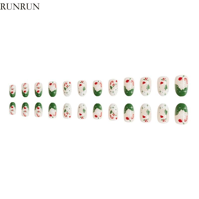 RUN 24 ชิ้นคริสต์มาสกดเล็บสั้นอัลมอนด์เล็บอะคริลิคพร้อมการออกแบบเกล็ดหิมะGlossyเล็บปลอมสําหรับผู้หญิ