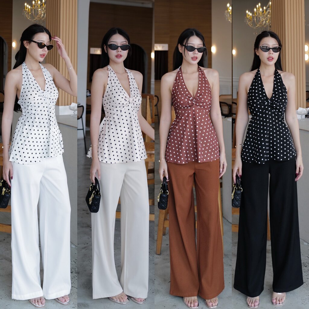 #8182 ชุดเชต เสื้อผูกคอสม็อคหลัง ม้วนอก ตัวยาว + กางเกงขากระบอก intuon
