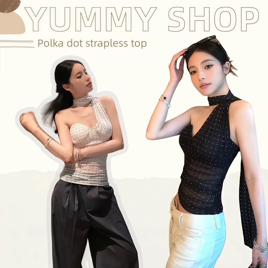 🎀Yummy Shop🎀​㈨ เสื้อเกาะอก เสริมฟองน้ำ น่ารักๆ ดีเทลเพิ่มสายคล้องคอ ลานเท่ผ้าซีทรู เสื้อ' FY953