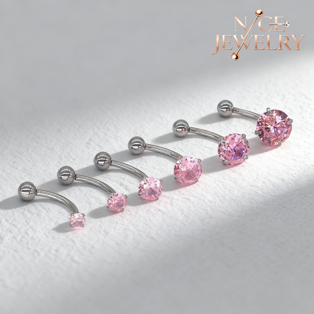 ปุ่มแหวนสแตนเลสสีชมพูคริสตัล ลดอาการแพ้ ขนาด 16G สำหรับ Belly Piercing หรือสะพานคิ้ว/.Snug