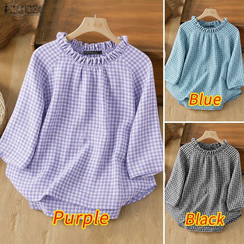 ZANZEA ซานเซีย เสื้อลายสก๊อตแขนยาวแบบหลวม ดีไซน์เกาหลี กระหันคอด้านชัดเจน สำหรับผู้หญิง - รูปที่ 2