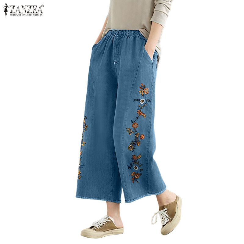กางเกงยีนส์ขากว้างสำหรับผู้หญิง สไตล์เกาหลี ลายพิมพ์ดอกไม้ ใส่ได้ทุกวัน ผ้านุ่มส