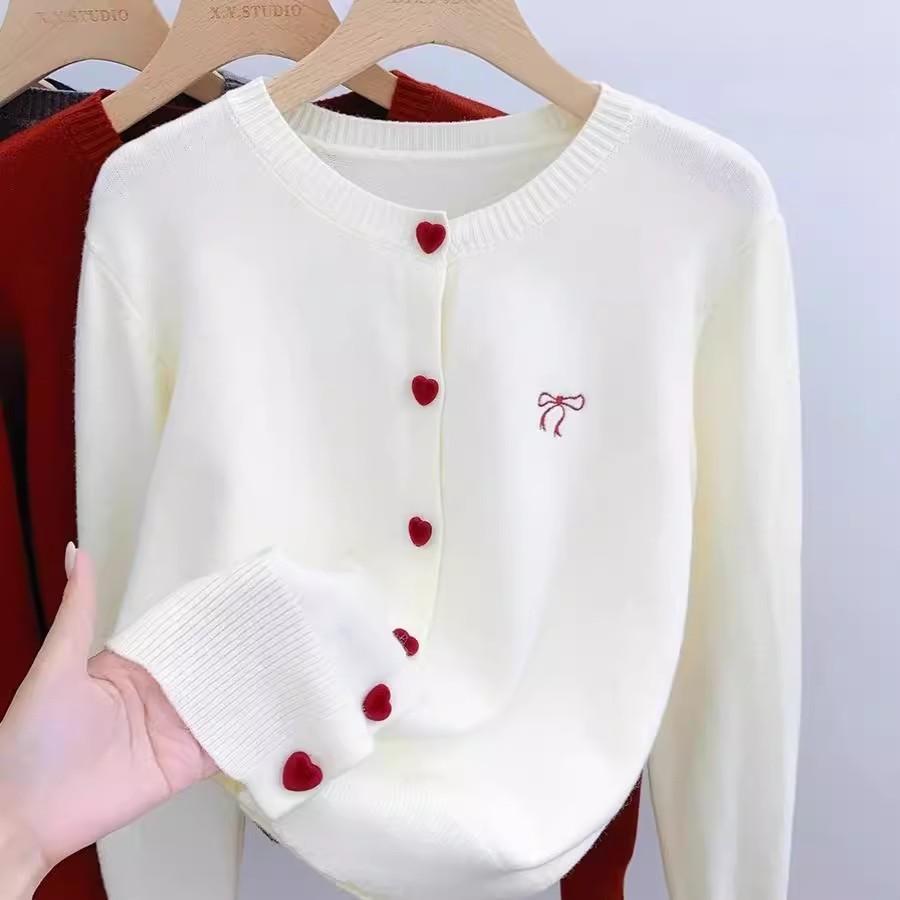 RedBerryเสื้อคาร์ดิแกนถักแขนยาวฤดูใบไม้ร่วง/ฤดูหนาวสำหรับผู้หญิงพร้อมโบว์และกระดุมรูปหัวใจ88024 สีดำ