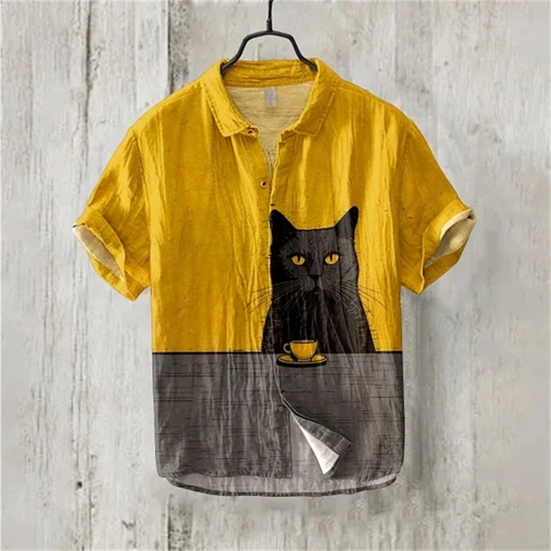 เสื้อแขนสั้นผู้ชายลายแมว สไตล์ฮาวาย สวมใส่สบาย เหมาะสำหรับวันหยุดหรือสวมใส่ง่ายในวันธรรมดา