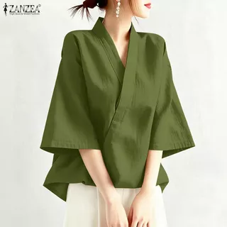 ZANZEA ซานเซีย ผู้หญิงแฟชั่นเกาหลีครอสโอเวอร์คอวีสามไตรมาสแขนเสื้อกิโมโนจีนสมัยใหม่