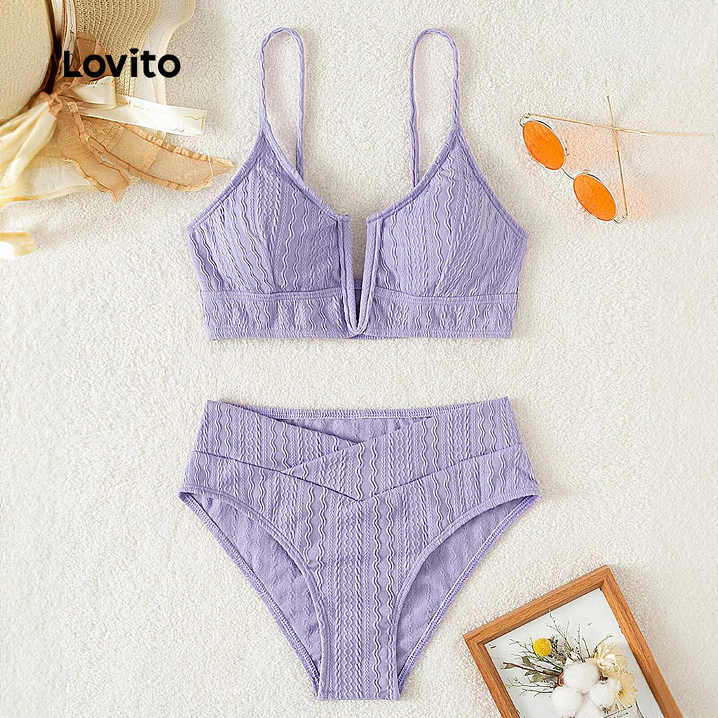 Lovito เซ็ตบิกินี่โบฮี แบบเรียบง่ายสำหรับฤดูใบไม้ผลิ/ฤดูร้อน บิกินี่สีม่วง LNL121128