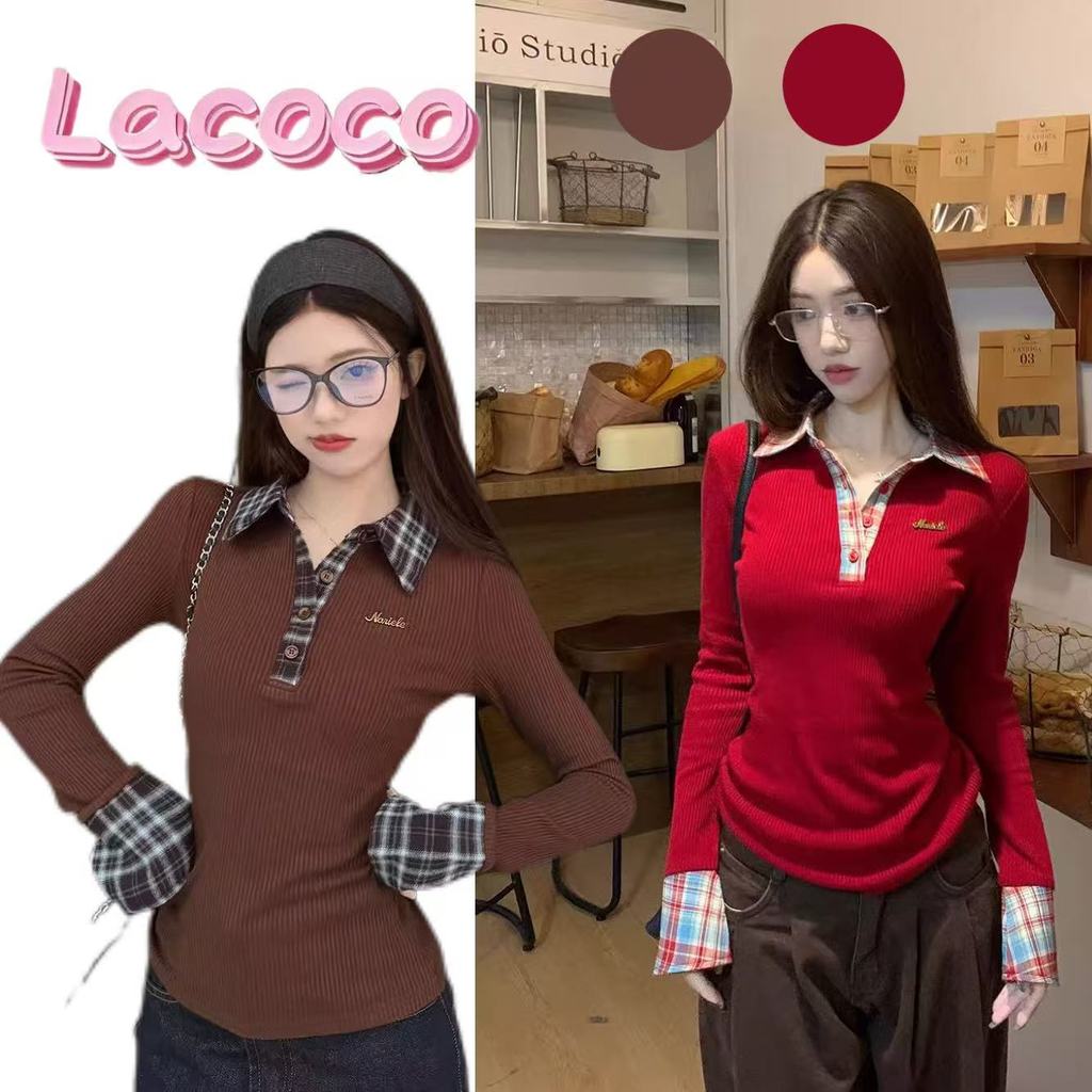 Lacoco คลังสินค้าพร้อม เสื้อโปโลคอปกลายตารางหมากรุกสไตล์พรีปปี้ ฤดูใบไม้ร่วง/ฤดูหนาว 2026 ทรงเข้ารูปย้อนยุค ราคา ถูกที่สุด ดีลบีเคเค