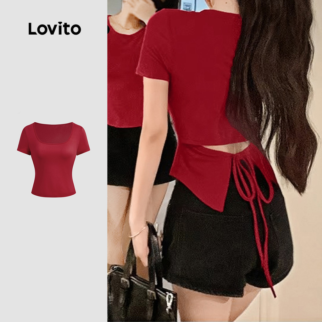 Lovito เสื้อยืดลำลองผูกโบว์ต้อนรับปีใหม่ เสื้อยืดฤดูใบไม้ผลิ/ฤดูร้อนสีแดงสำหรับผู้หญิง L151AD291