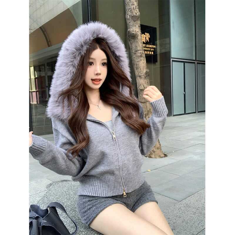 เสื้อสเวตเตอร์ถักผู้หญิง มีฮู้ดและซิป สำหรับฤดูหนาว