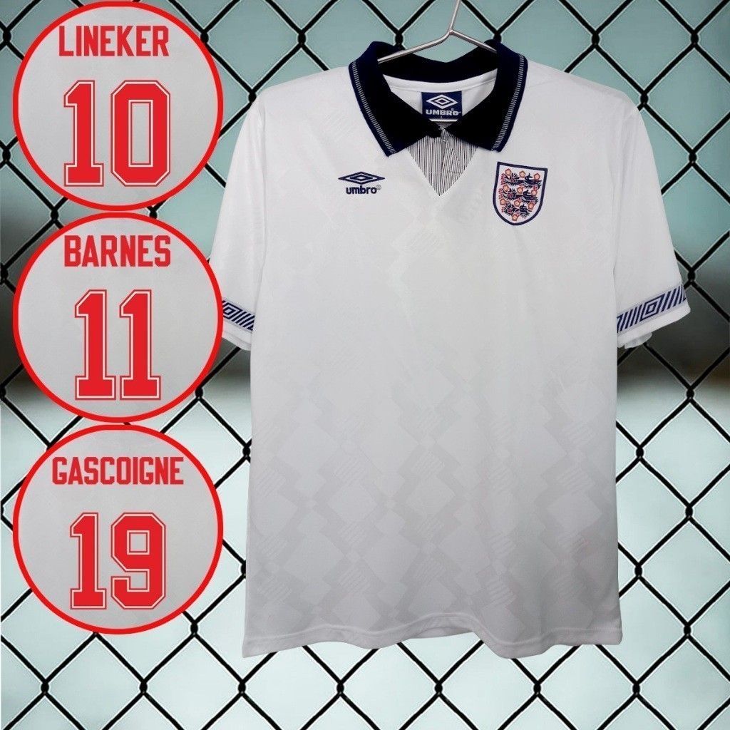 S-2XL England Retro Football Jersey 1990-1992 (RT0094) - พิมพ์ชื่อและตัวเลขได้ - ไซส์เอเชีย