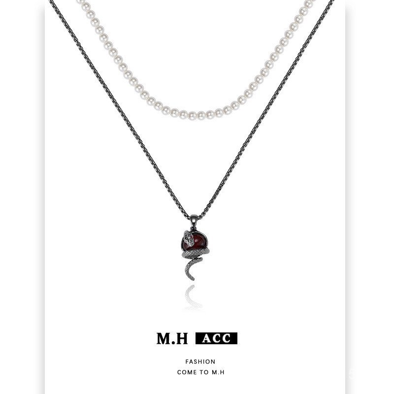 สร้อยคอแบบสองชั้น มุกเงางาม ออกแบบเหมือนโซ่กระดูกสวยงาม สำหรับคนรักแฟชัน สร้อยคอหญิง 7WLP