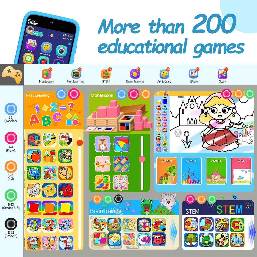 MOMILLA Kids Toys Smart Phone, Dual Camera with Stickers, 3.97" Touchscreen, 200+ Educational Puzzle