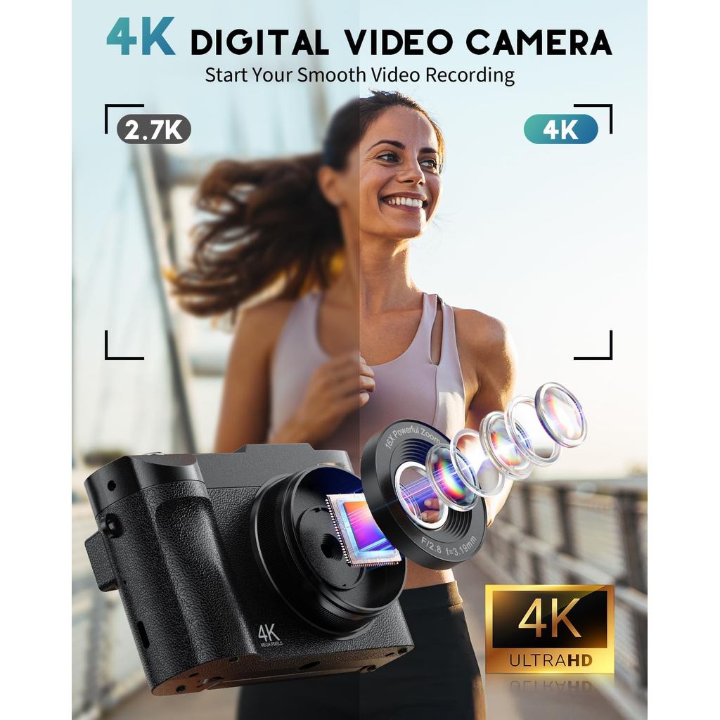 4K Digital Camera for Photography, 50MP Vlogging Camera for YouTube, Compact Cameras with 2.8" 180° 