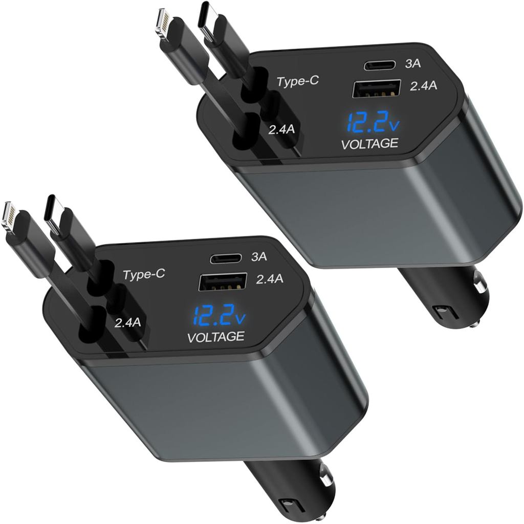 4 in 1 Retractable Car Charger Fast Charging สําหรับ iPhone 17,2Pack 66W Quick Car i ชาร์จโทรศัพท์ 2