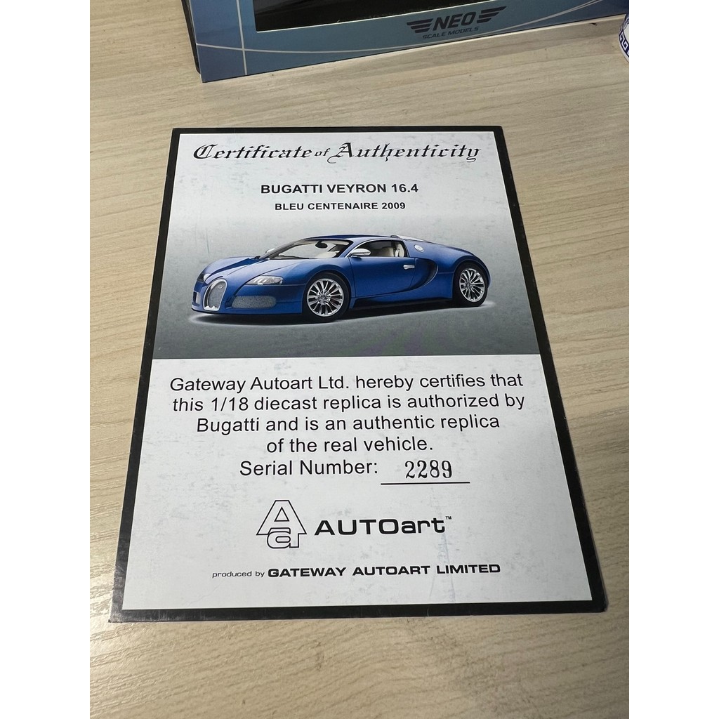 Autoart Autoart 1: 18 Bugatti Veyron 16.4 Veyron ใบรับรองสีน้ําเงินศตวรรษ