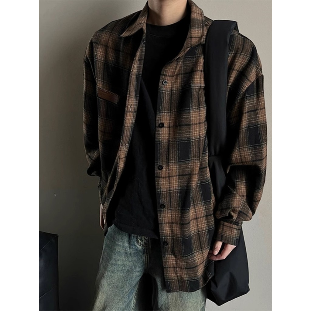 mave.matters gq เสื้อเชิ้ต เสื้อเชิ้ตลายสก๊อตแนววินเทจเสื้อเชิ้ตแขนยาวคอปกทรงหลวมแมทช์ลุคง่ายแนวไฮสต