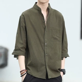 เสื้อเชิ้ตผ้าลินินผู้ชาย แขน 3/4 ทรงหลวม สไตล์มินิมอล ระบายอากาศดี