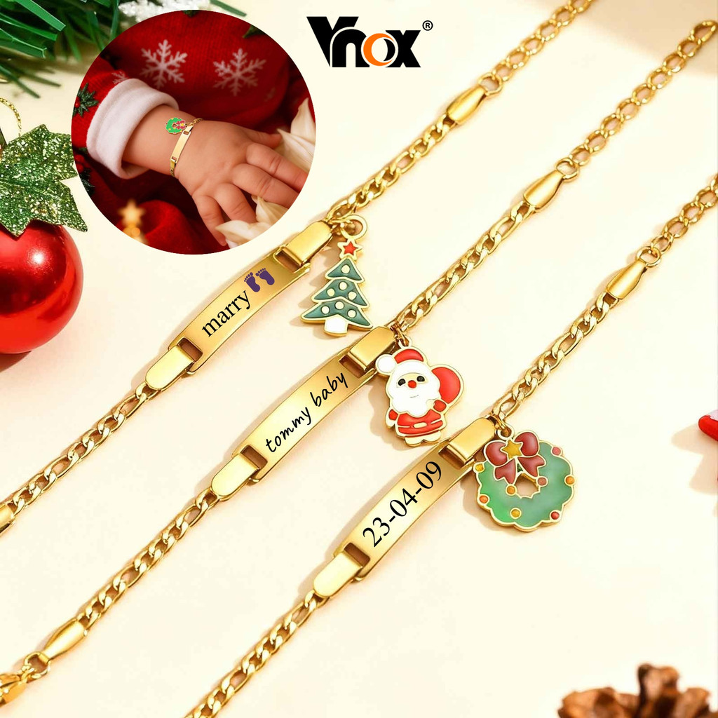 VNOX วีน็อกซ์ ที่กําหนดเองแกะสลักชื่อสร้อยข้อมือสําหรับทารกหญิงชายต้นคริสต์มาสจี้เด็กคริสต์มาสปีใหม่