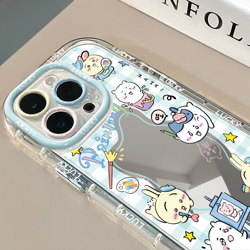 Ins Blue Chikawa รูปแบบ Drop-Resistant กระจกแต่งหน้าเคสโทรศัพท์สําหรับ iPhone 16 Promax 15 Promax 12 13 Mini 14plus 11 Pro Max X XS XR XS Max 7 8 plus Se2020