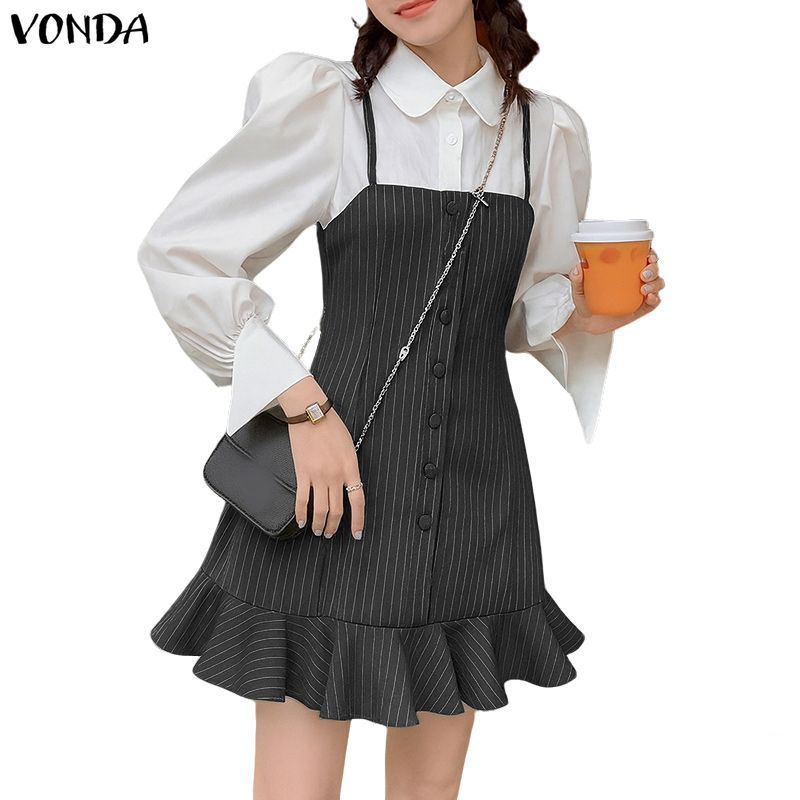 VONDA ผู้หญิงเกาหลี Preppy ปกพัฟแขนลายฤดูใบไม้ผลิ/ฤดูร้อน