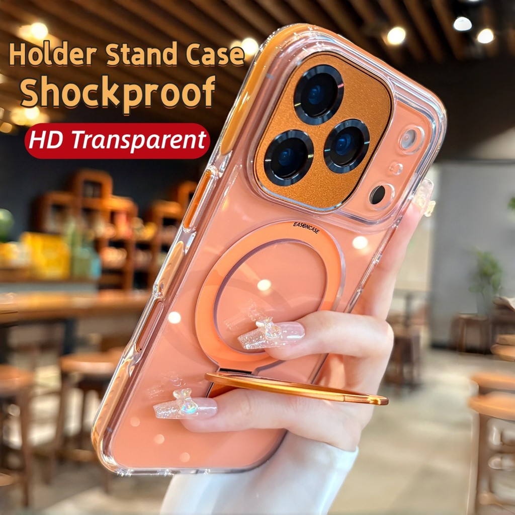 หรูหราโปร่งใสวงเล็บเคสโทรศัพท์สําหรับ ไอโฟน 17 16 15 14 13 มือโปร สูงสุด จักรวาลสีส้มแม่เหล็กยืนเลนส์ฟิล์มปกอะคริลิคใส
