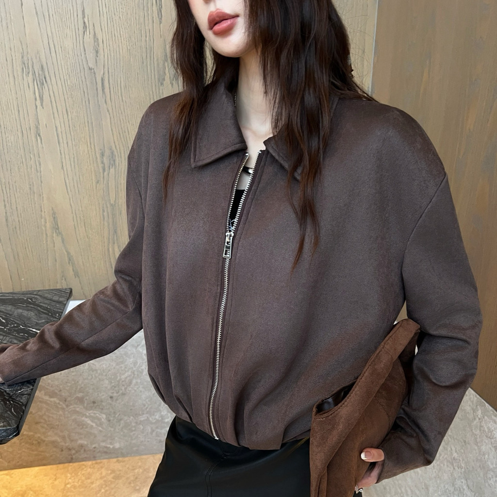 0P6Q Loe** -Suede Folded Zipper Jacket Coat Age-Reducing Versatile Short Design Slimming Concealing