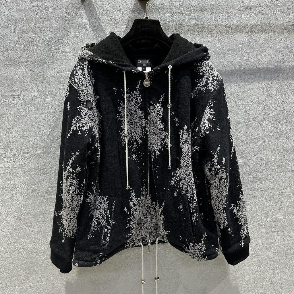 J4QD CHA# 2025New Autumn and Winter Black Fireworks Print Fleece-Lined Hooded Jacket for Women