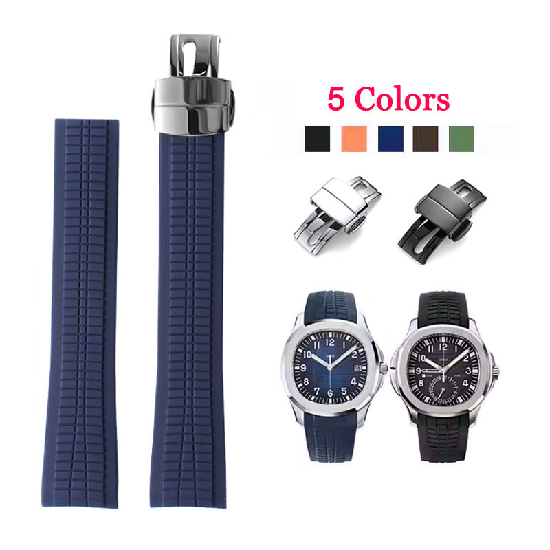 21 มม.ปลายโค้งสายนาฬิกาซิลิโคนสําหรับ Patek Philippe Aquanaut 5164A 5167A 5168A นาฬิกากันน้ํากีฬาสร้อยข้อมือผีเสื้อหัวเข็มขัดผู้ชายผู้หญิงสายรัดข้อมือ