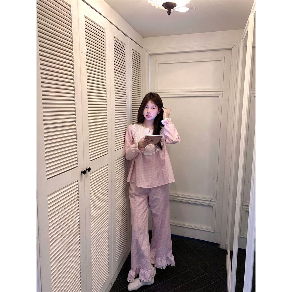 ชุดนอนลายสก๊อตสีชมพู แขนยาวกางเกงขายาว เหมาะสำหรับฤดูใบไม้ผลิและฤดูใบไม้ร่วง - รูปที่ 2