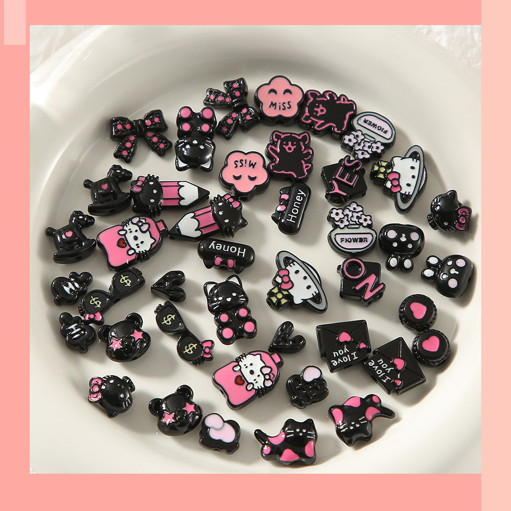 [JIN] Sweet Cool Pink Black Alloy Bear Bow Love Heart Bead, diy Bracelet Loose Bead