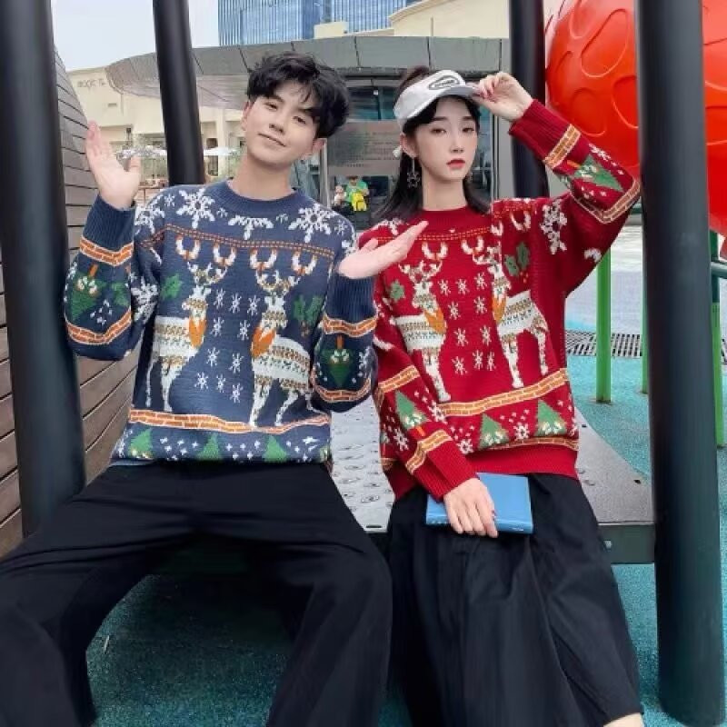 เสื้อสเวตเตอร์วินเทจสีแดงคริสต์มาสสำหรับทั้งผู้ชายและผู้หญิง สวมใส่สบายในหน้าหนาว