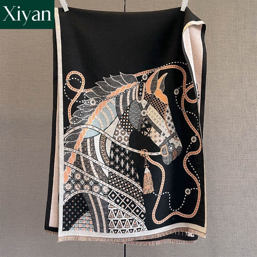 .Ready StockNew Fashion Cashmere-like ‌‌ผ้าคลุมไหล่ลายม้าสําหรับผู้หญิงฤดูหนาวผ้าพันคออบอุ่นห่อ18565ซม