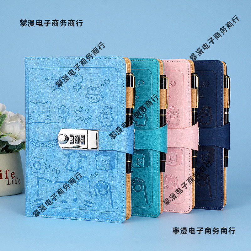 Hot Sale#New Password Notebook with Lock, Thickened Diary, Japanese and Korean Style, Fresh Leather 