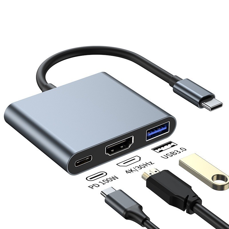 3in1 แปลง Type C to HDTV+USB3.0+PDอะแดปเตอร์ 4K HDMI Fast Charging Adapter