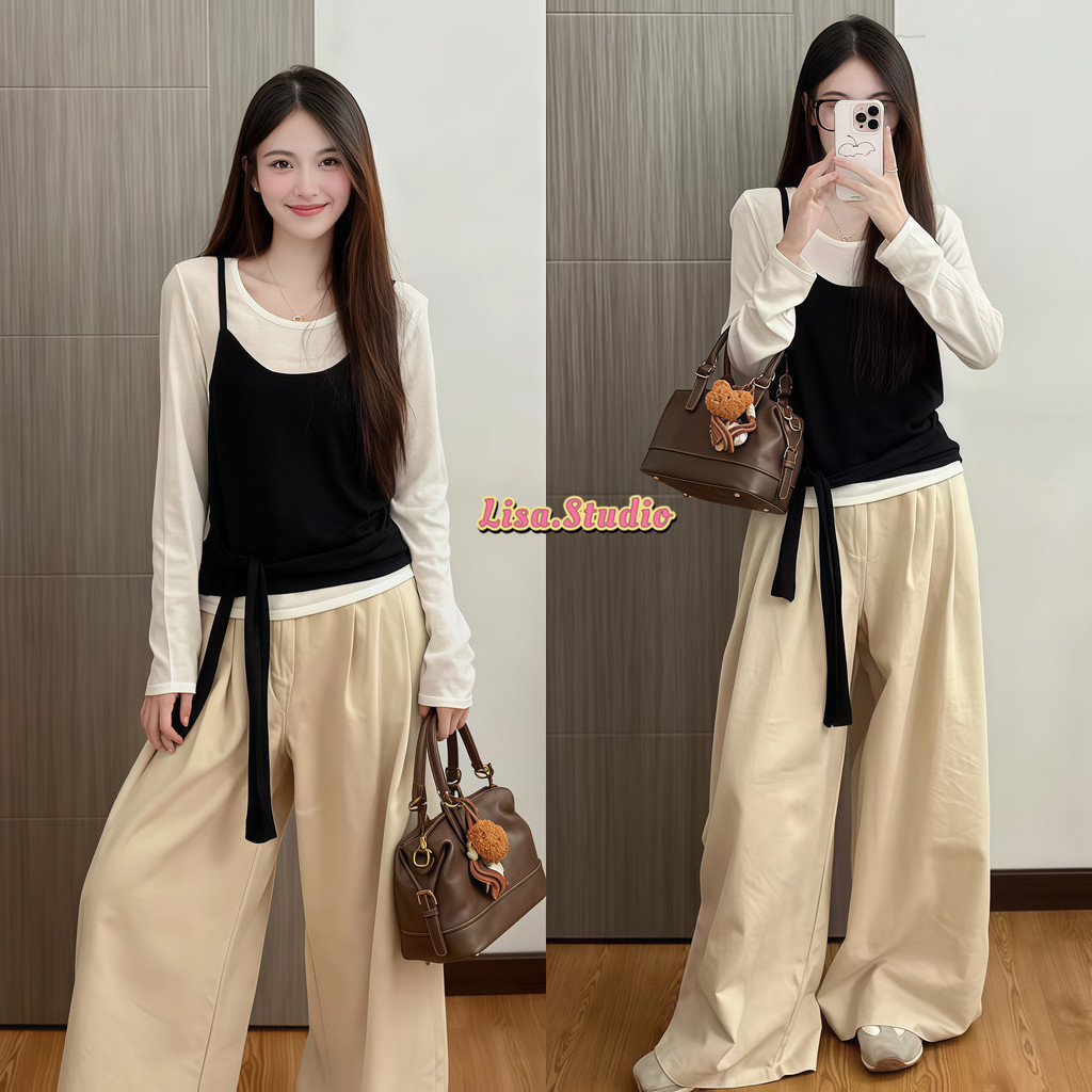 Lisa🖤พร้อมส่ง☔️เสื้อยืแขนยาวผู้หญิง เสื้อ2ชิ้นติดกับ ดีไซน์โปว์ผูกเอวคอกลมลำลองแฟชั่นผู้หญิ เสื้อครอปทรงเข้ารูป สีดำ