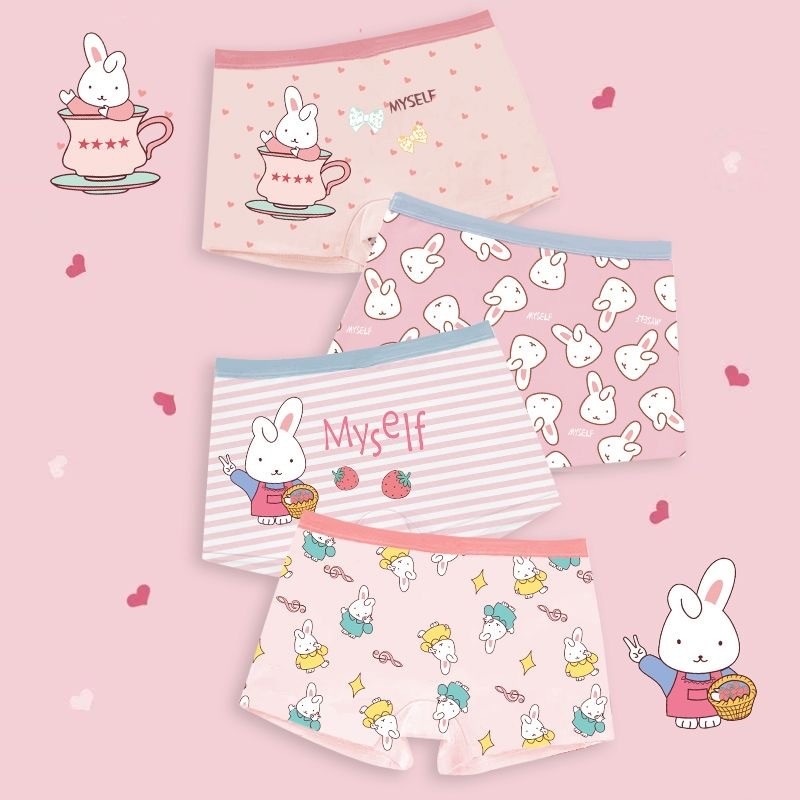 พร้อมส่งค่า กางเกงในบ็อกเซอร์ขาสั้นเด็กผู้หญิง 1แพ็ค4ตัวค่ะ ผ้าคอตตอนผสมฝ้ายค่ะ ลายการ์ตูนกระต่าย สี