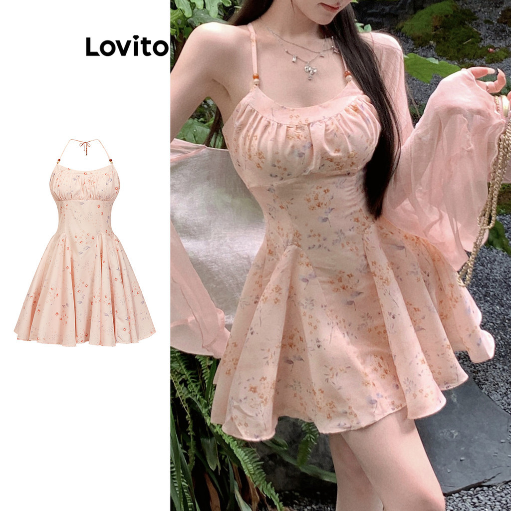 Lovito ชุดเดรส พิมพ์ลายดอกไม้ น่ารัก สําหรับผู้หญิง LBA82160