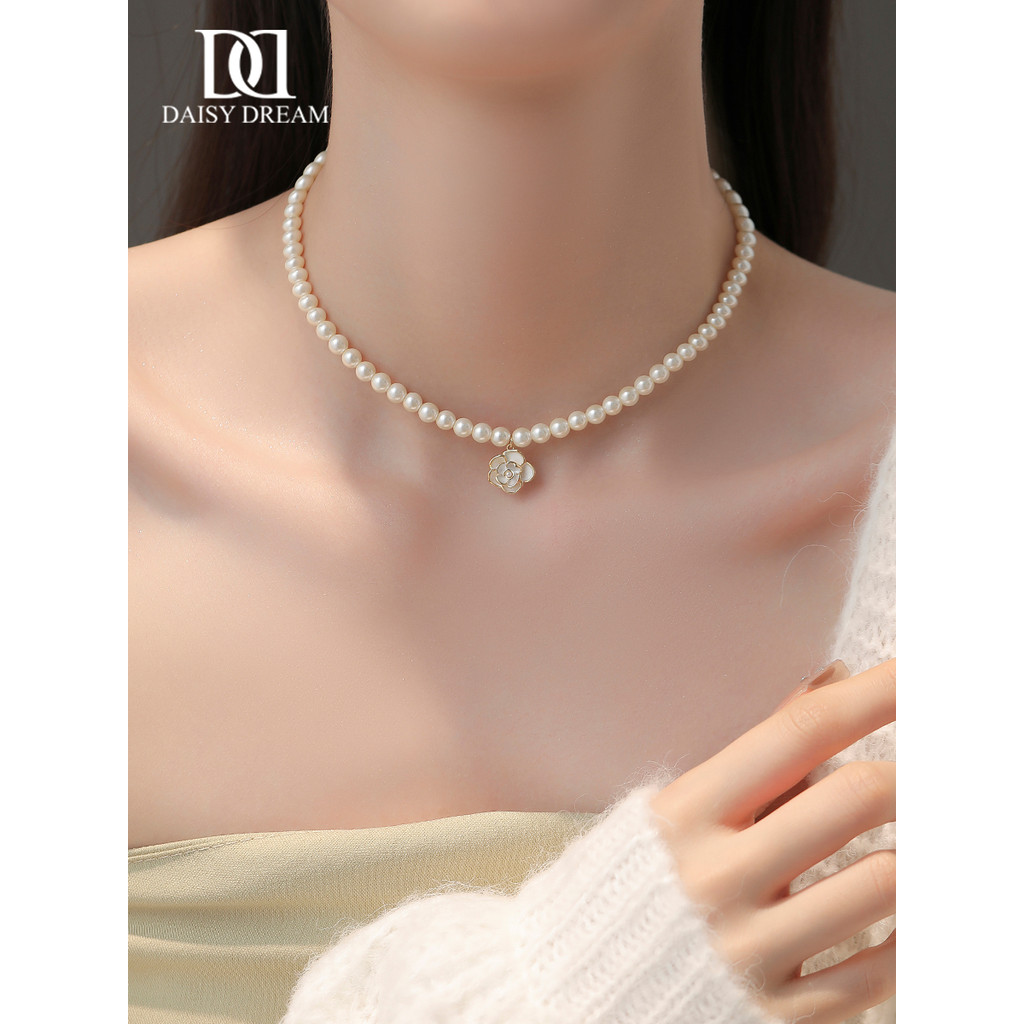 สร้อยคอยาว สร้อยคอ Niche Hot-sale Pearl Female French Clavicle Chain Camellia