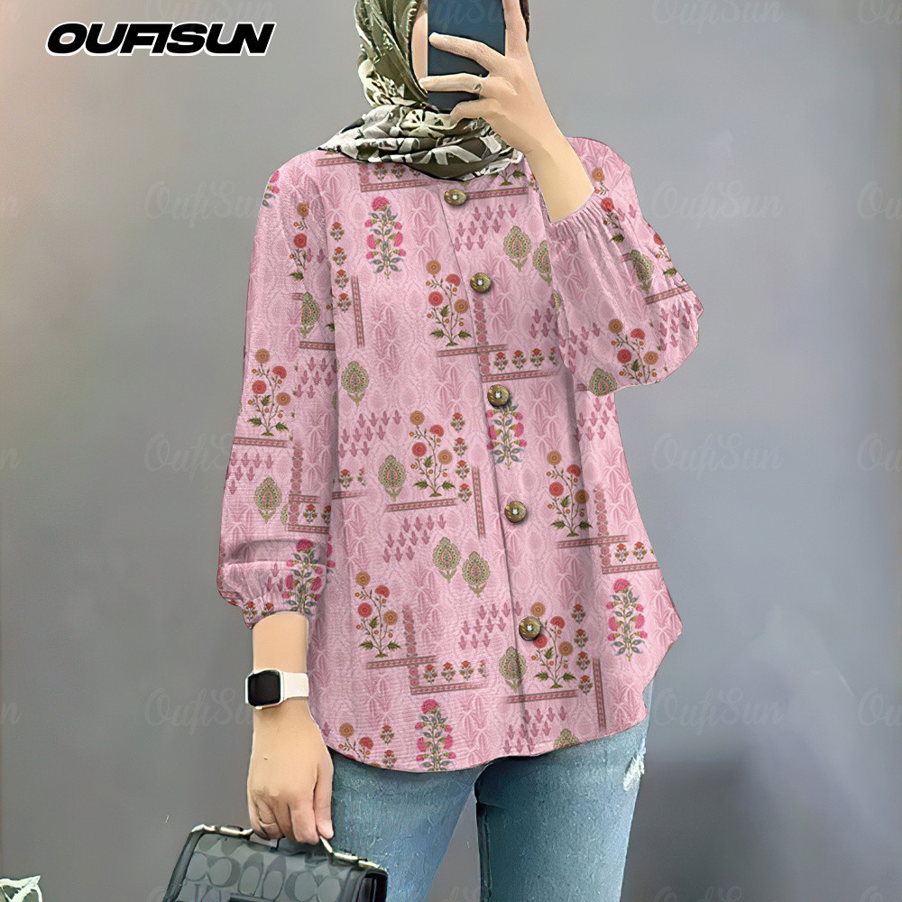 2026 Deepavali เสื้อผู้หญิง Baju รอบคอปุ่มเสื้อผู้หญิง Diwali เสื้อแขนยาว Retro ดอกไม้ด้านบน