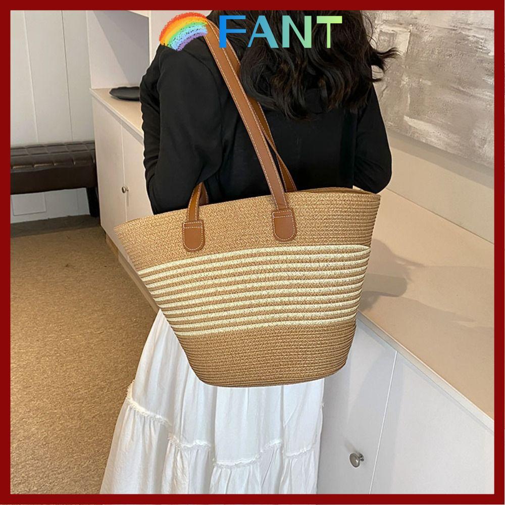 มีสินค้าพร้อมส่ง! กระเป๋าสะพายไหล่ FANT สไตล์โท้ต สานลายทางฟาง มีความจุขนาดใหญ่ เหมาะสำหรับใช้ในวันหยุดและชายหาด