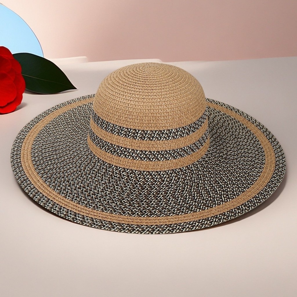 ชุดกระเป๋าผ้าทอทำด้วยมือ ไตล์วันหยุด กระเป๋าสานแฟชั่นแถบสีดำ พกพาสะดวก หมวกฟางชายหาดฤดูร้อนพับได้  ปีกใหญ่ ใช้งานได้หลากหลายโอกาส ไปทะเล - รูปที่ 2