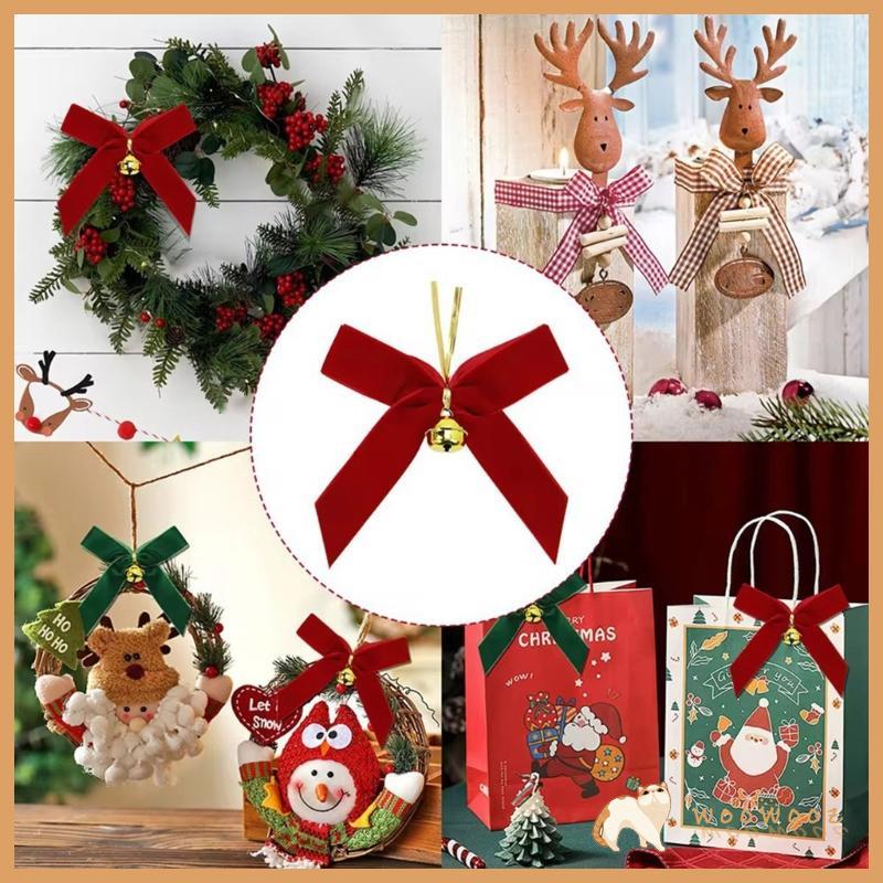 WOW 10 ชิ้นผ้ากํามะหยี่ Bowknot พร้อม Bell ตกแต่งต้นไม้วันหยุดสําหรับพวงหรีดประตู